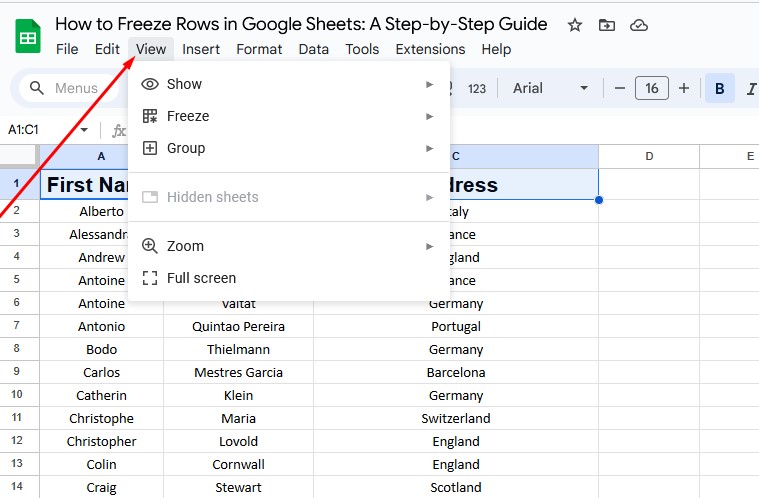 how to freeze rows in google sheets - Step 2