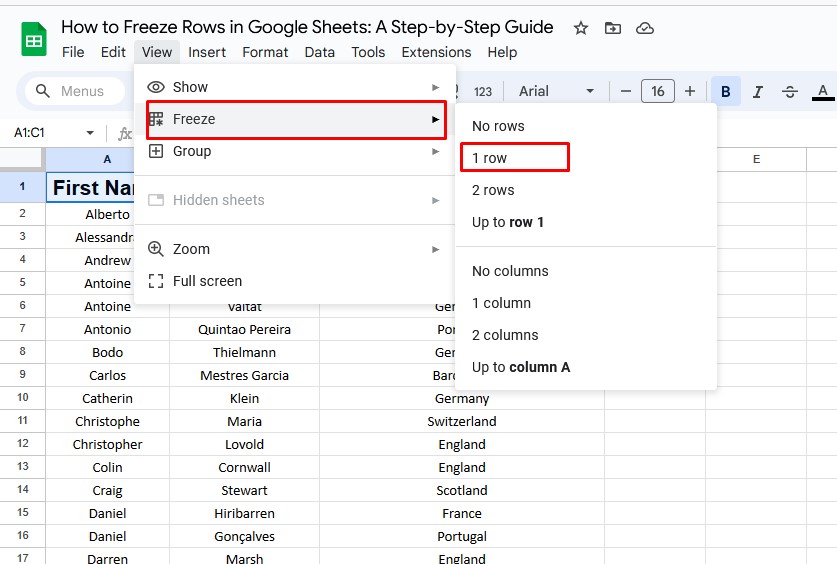 How To Freeze Rows In Google Sheets - Step 3