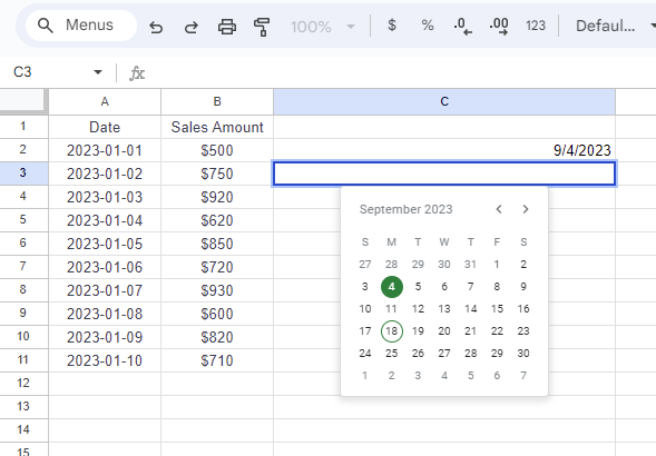 Insert Date From a Calendar in Google Sheets